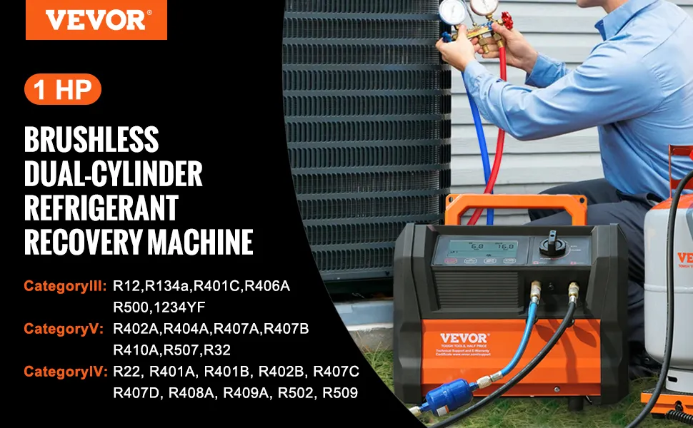 VEVOR refrigerant recovery machine, 1 hp, dual-cylinder, man using gauges, compatible refrigerants listed