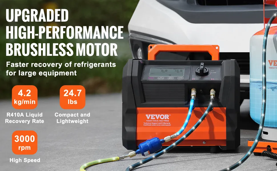 VEVOR refrigerant recovery machine with high-performance brushless motor and 4.2 kg/min r410a rate.