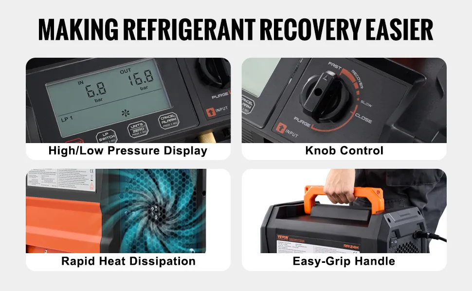 VEVOR refrigerant recovery machine features high/low pressure display, knob control, easy-grip handle.
