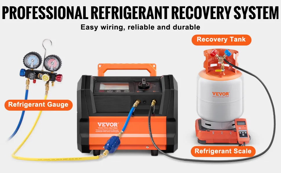 VEVOR refrigerant recovery machine with gauge, tank, and scale for professional refrigerant systems.