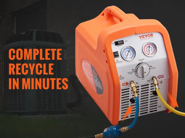 VEVOR refrigerant recovery machine with gauges and hoses, promoting quick recycling in minutes.
