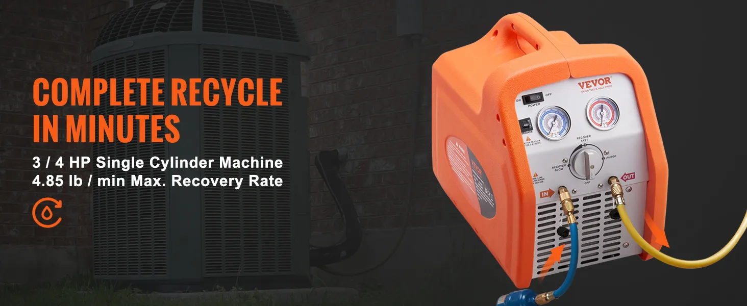 VEVOR refrigerant recovery machine with gauges and hoses, promoting quick recycling in minutes.