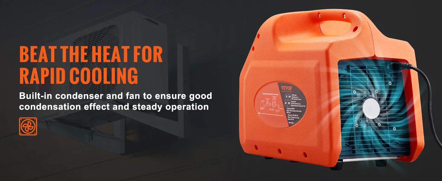 VEVOR refrigerant recovery machine with built-in condenser and fan for rapid cooling.
