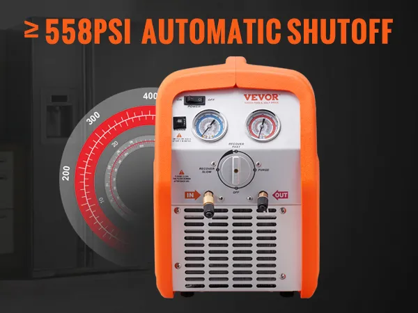 VEVOR refrigerant recovery machine with ≥558 psi automatic shutoff preventing overpressure damage.