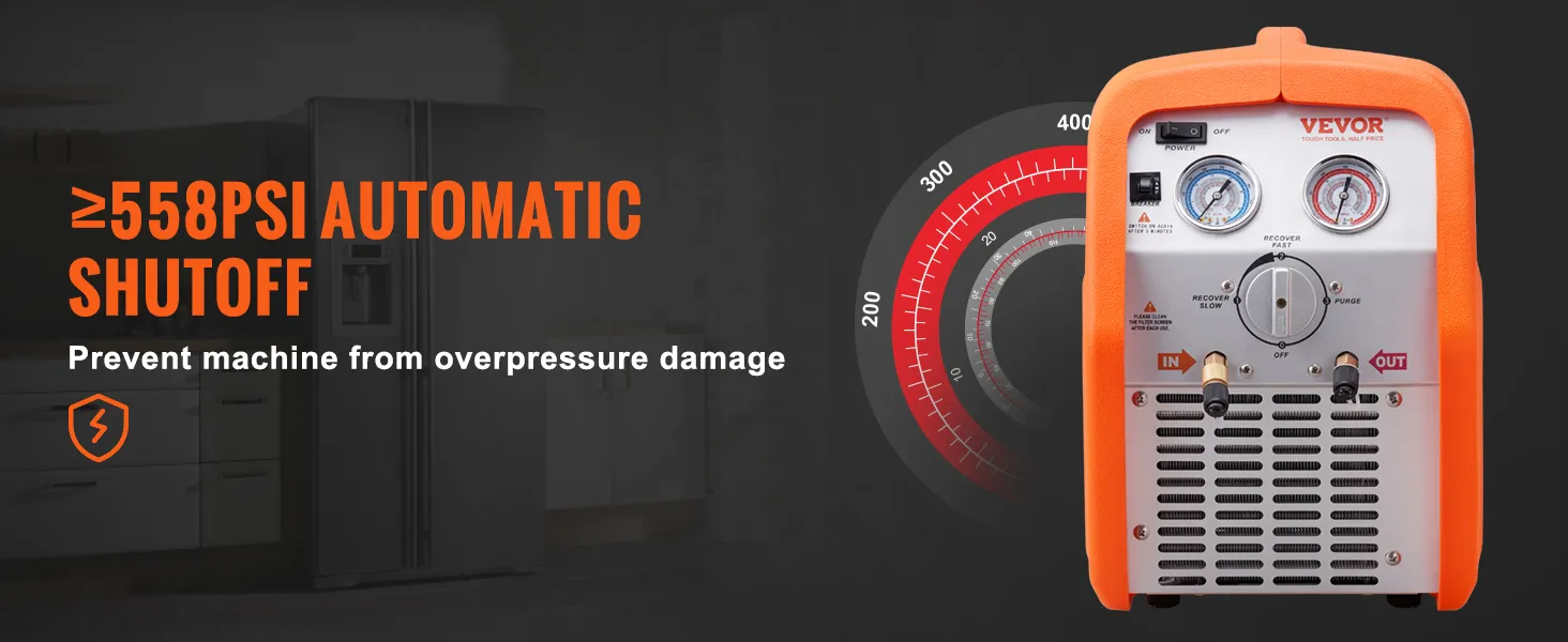 VEVOR refrigerant recovery machine with ≥558 psi automatic shutoff preventing overpressure damage.