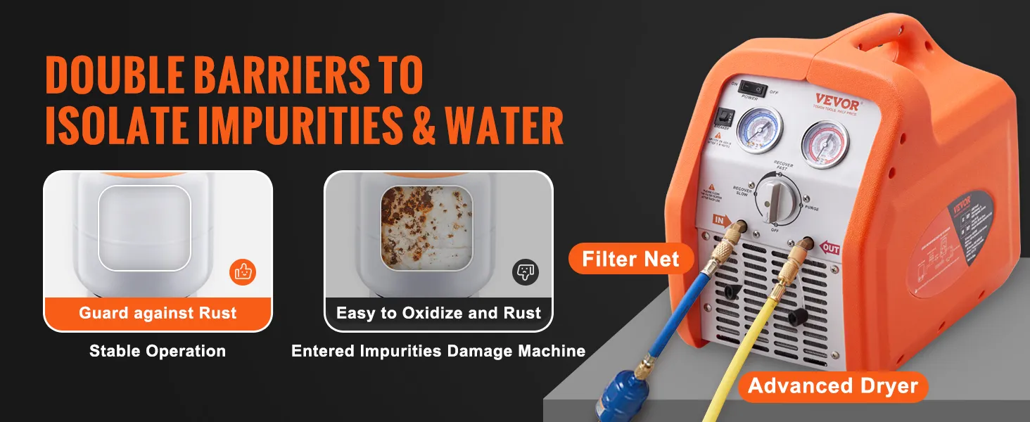 VEVOR refrigerant recovery machine with advanced dryer, filter net, and rust guard for optimal performance