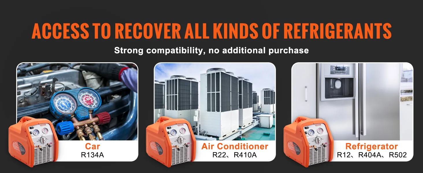 VEVOR refrigerant recovery machine compatible with car, air conditioner, and refrigerator.