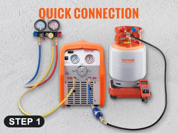 VEVOR refrigerant recovery machine setup showing gauges, connected hoses, and tank. quick installation.