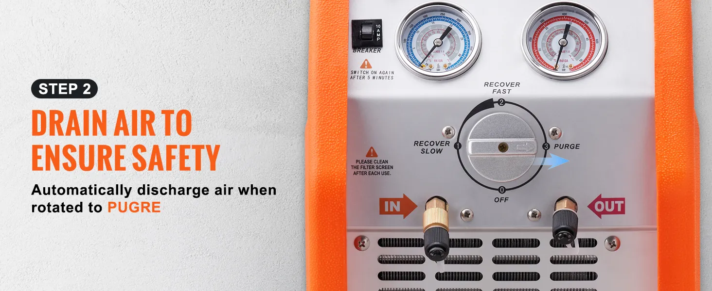 orange and silver VEVOR refrigerant recovery machine panel with "drain air to ensure safety" instructions.