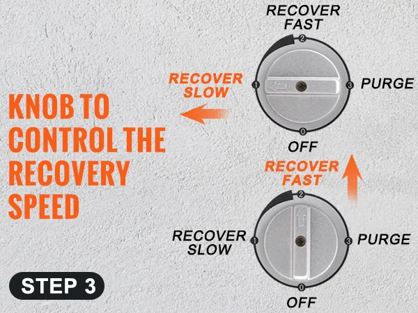 control knob and pressure dials of VEVOR refrigerant recovery machine, showing speed and dynamics settings.