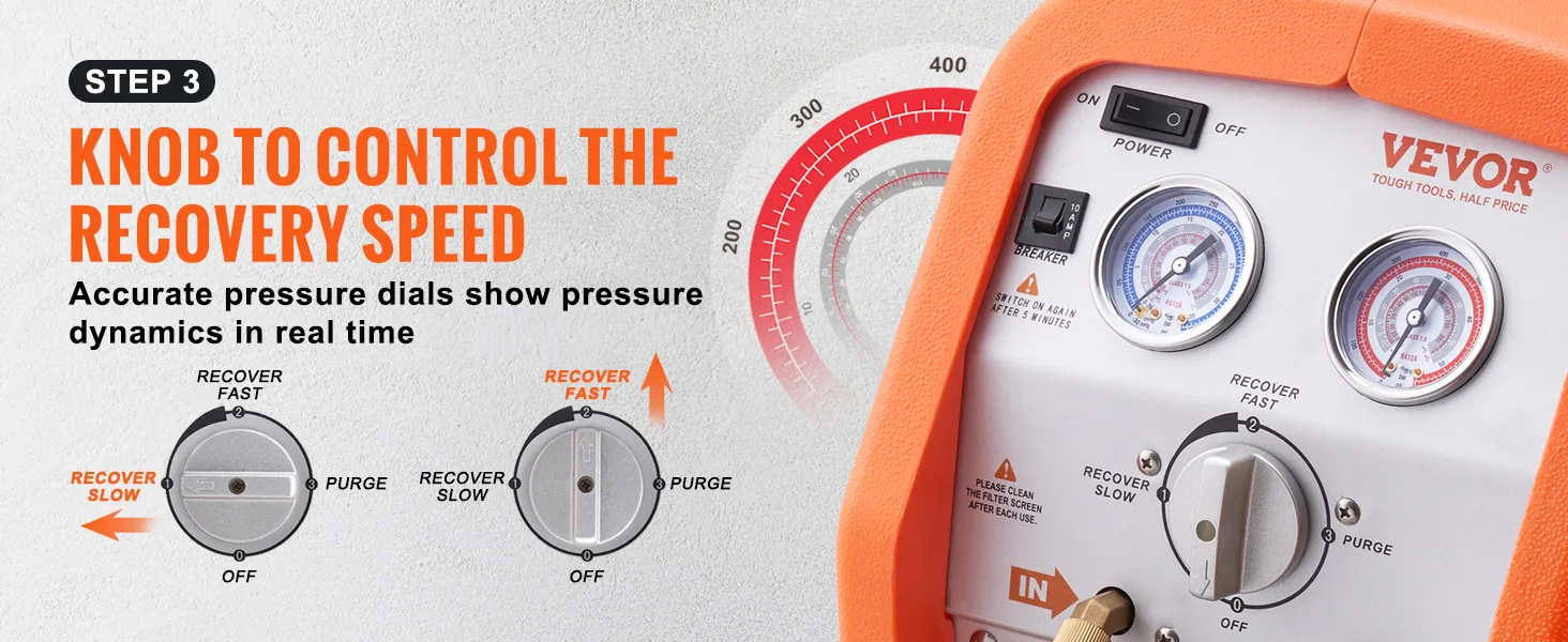 control knob and pressure dials of VEVOR refrigerant recovery machine, showing speed and dynamics settings.