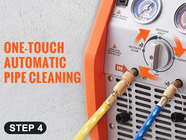 VEVOR refrigerant recovery machine showcasing one-touch automatic pipe cleaning function.