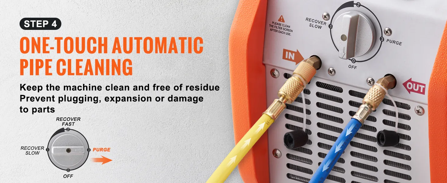 VEVOR refrigerant recovery machine showcasing one-touch automatic pipe cleaning function.