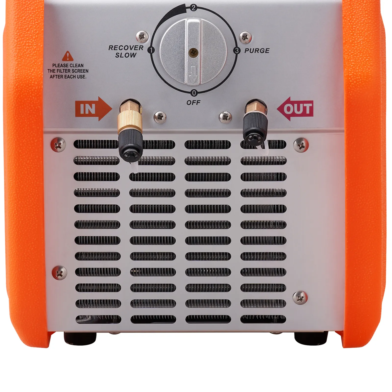 VEVOR refrigerant recovery machine close-up with in/out valves, control knob, and orange frame.