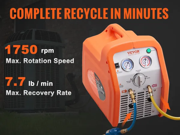 Máquina de recuperación de refrigerante VEVOR con velocidad de reciclaje aumentada en un 59 %, 1750 rpm y velocidad de 7,7 lb/min.
