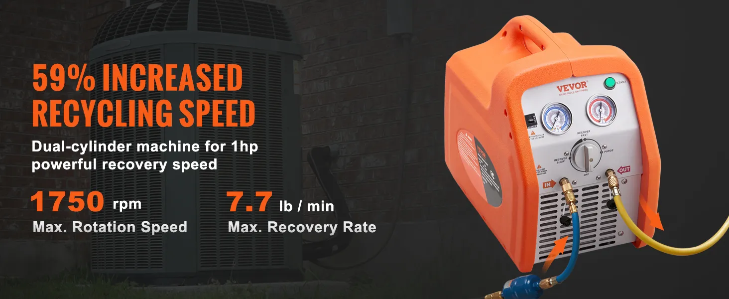 Máquina de recuperación de refrigerante VEVOR con velocidad de reciclaje aumentada en un 59 %, 1750 rpm y velocidad de 7,7 lb/min.