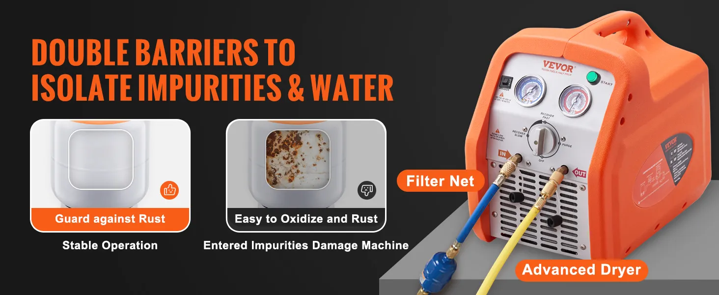 Máquina de recuperación de refrigerante VEVOR con doble barrera para aislar impurezas y agua, con red filtrante y secador avanzado.