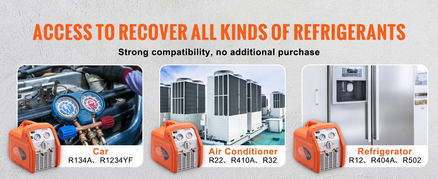 Máquina de recuperación de refrigerante VEVOR para automóvil, aire acondicionado y refrigerador con fuerte compatibilidad.
