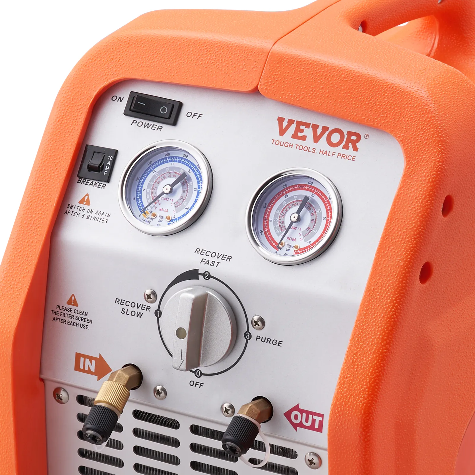 Máquina de recuperación de refrigerante VEVOR con medidores dobles, dial de control y puertos de entrada/salida en una carcasa naranja.