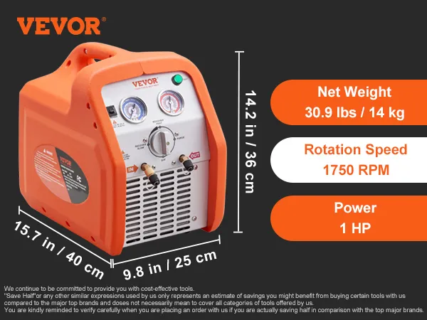 Máquina de recuperación de refrigerante VEVOR con motor de 1 hp, 120 v, 558 psi y tasa de recuperación máxima de 7,7 lb/min.