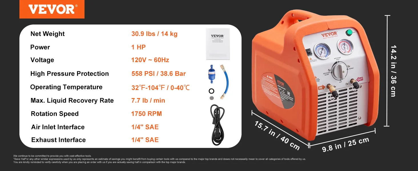 Máquina de recuperación de refrigerante VEVOR con motor de 1 hp, 120 v, 558 psi y tasa de recuperación máxima de 7,7 lb/min.