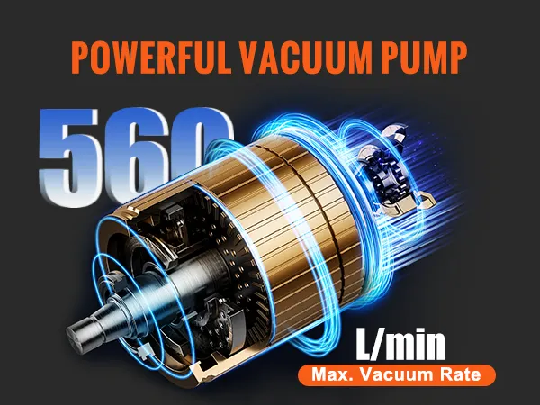 La potente pompa per vuoto, con una portata massima di vuoto di 560 l/min, garantisce un funzionamento sicuro della macchina per il recupero del refrigerante VEVOR.
