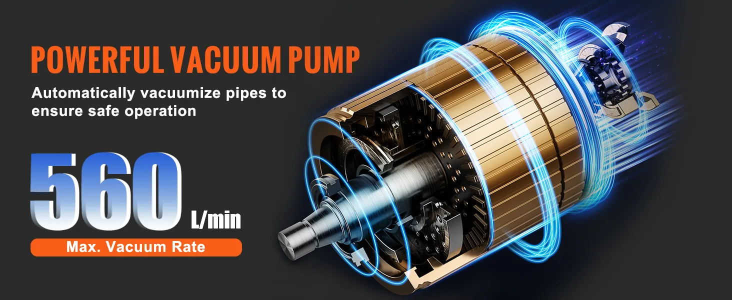 La potente pompa per vuoto, con una portata massima di vuoto di 560 l/min, garantisce un funzionamento sicuro della macchina per il recupero del refrigerante VEVOR.