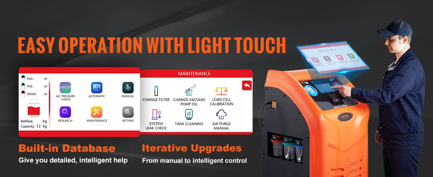 Macchina per il recupero del refrigerante VEVOR con touchscreen, database integrato e funzioni di facile utilizzo.