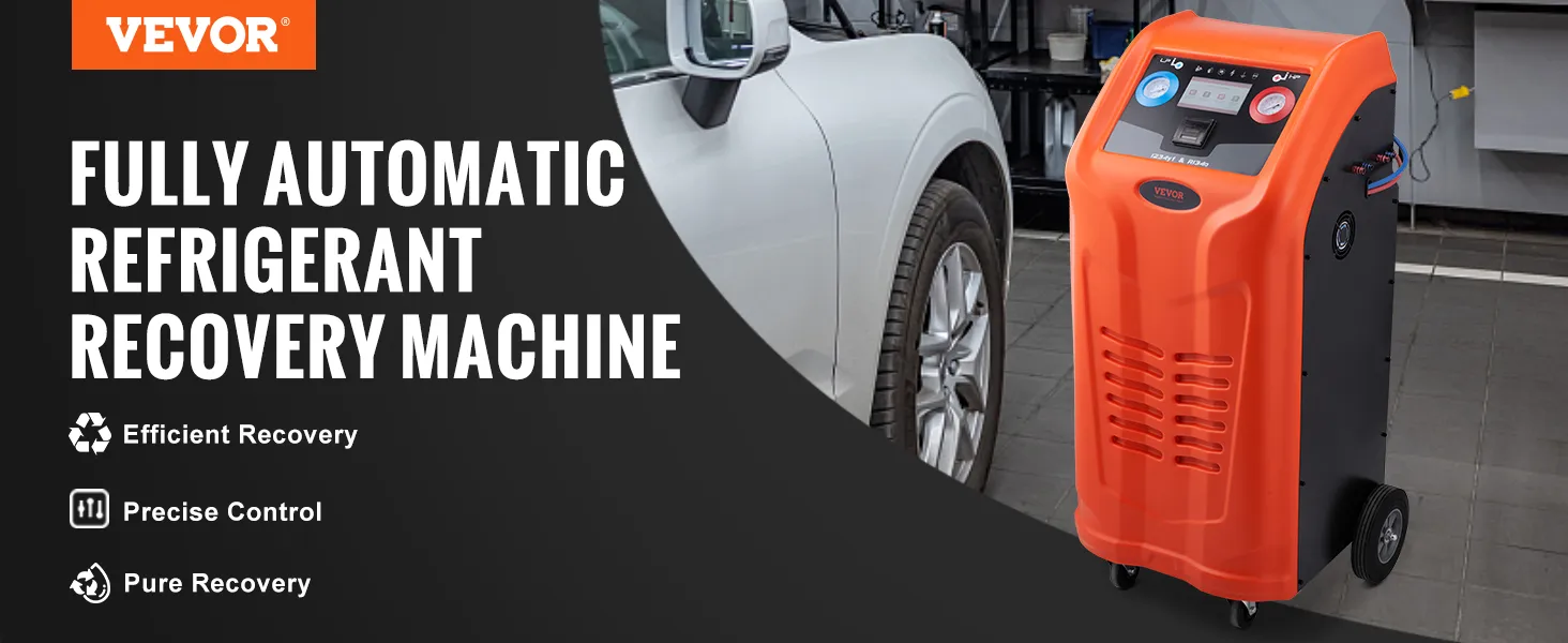 Macchina per il recupero del refrigerante VEVOR accanto a un SUV bianco, che vanta un recupero efficiente, un controllo preciso e un recupero puro.