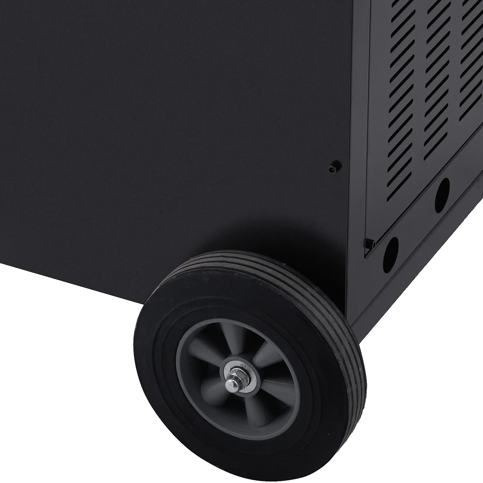 Lato in metallo nero della macchina per il recupero del refrigerante VEVOR con ruota, che mostra parte del design del pannello ventilato.