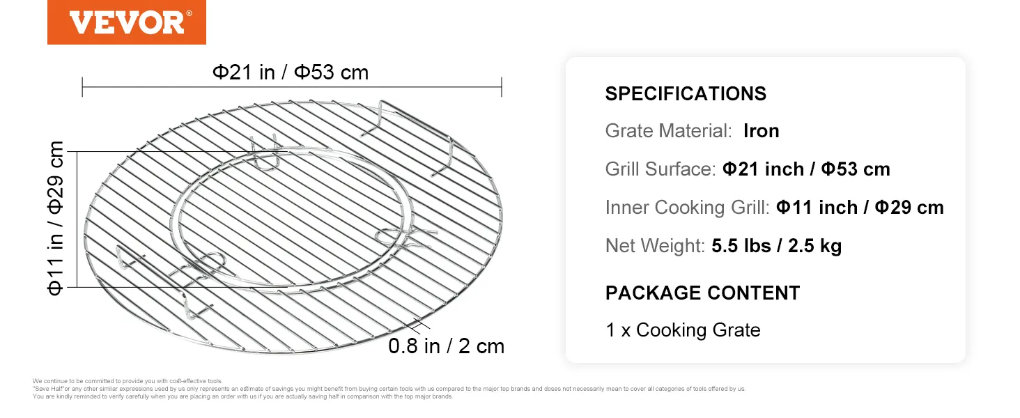VEVOR cooking grate, 21-inch grill surface, iron material, 5.5 lbs weight, suitable for grilling.