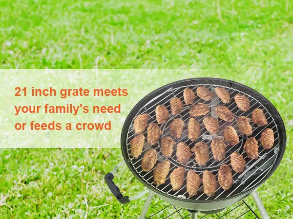 VEVOR cooking grate with chicken wings grilling on a 21-inch round barbecue in a green outdoor setting.