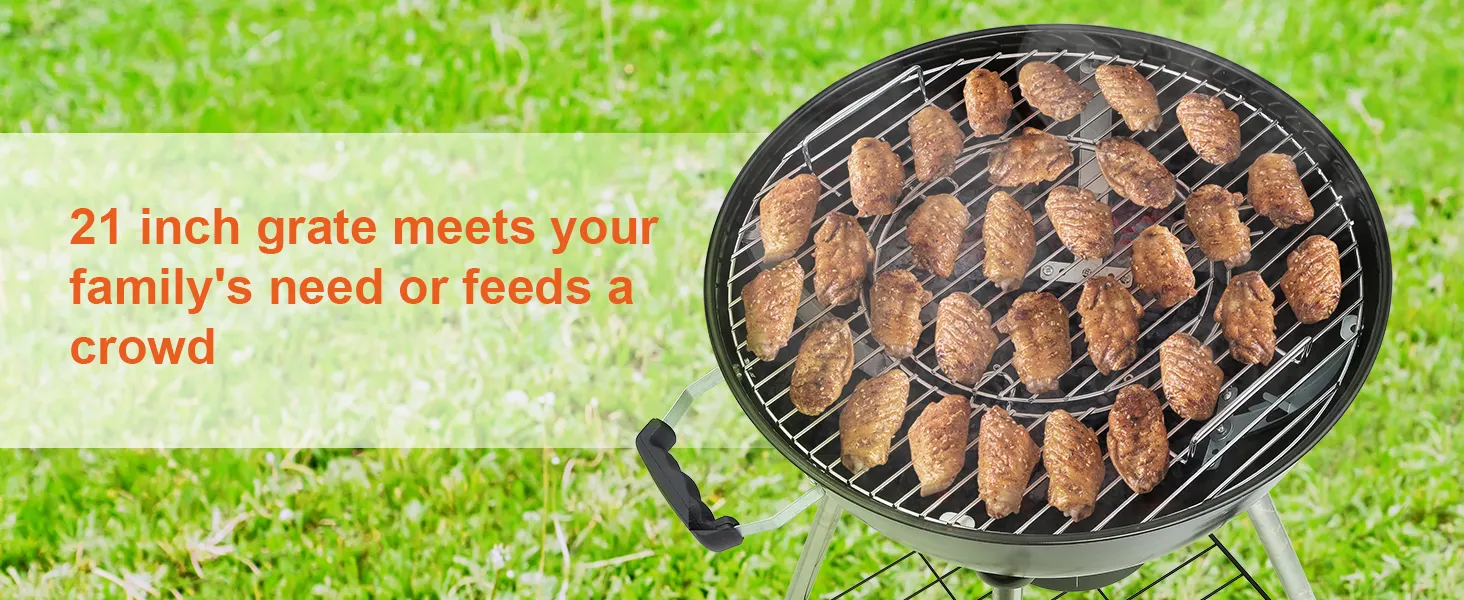 VEVOR cooking grate with chicken wings grilling on a 21-inch round barbecue in a green outdoor setting.