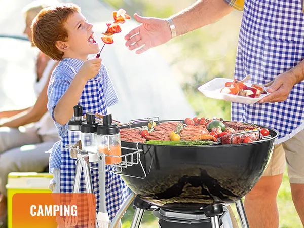 camping bbq scene with family and VEVOR cooking grate, skewer, spices, and grilled vegetables.