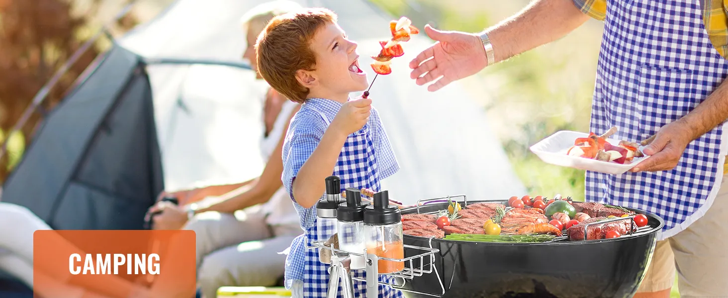 camping bbq scene with family and VEVOR cooking grate, skewer, spices, and grilled vegetables.