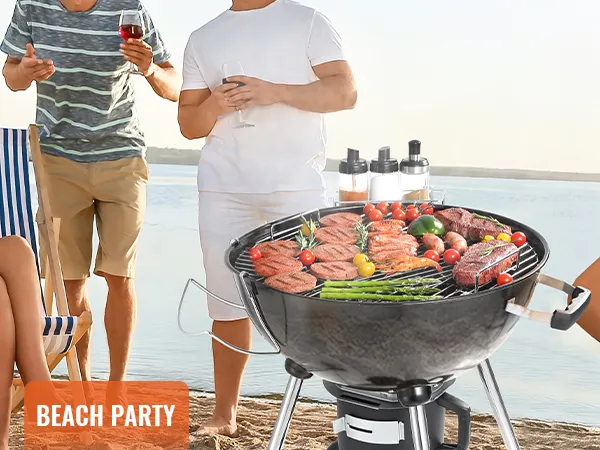 group enjoying a beach party, drinks in hand, with grilled food on a VEVOR cooking grate.