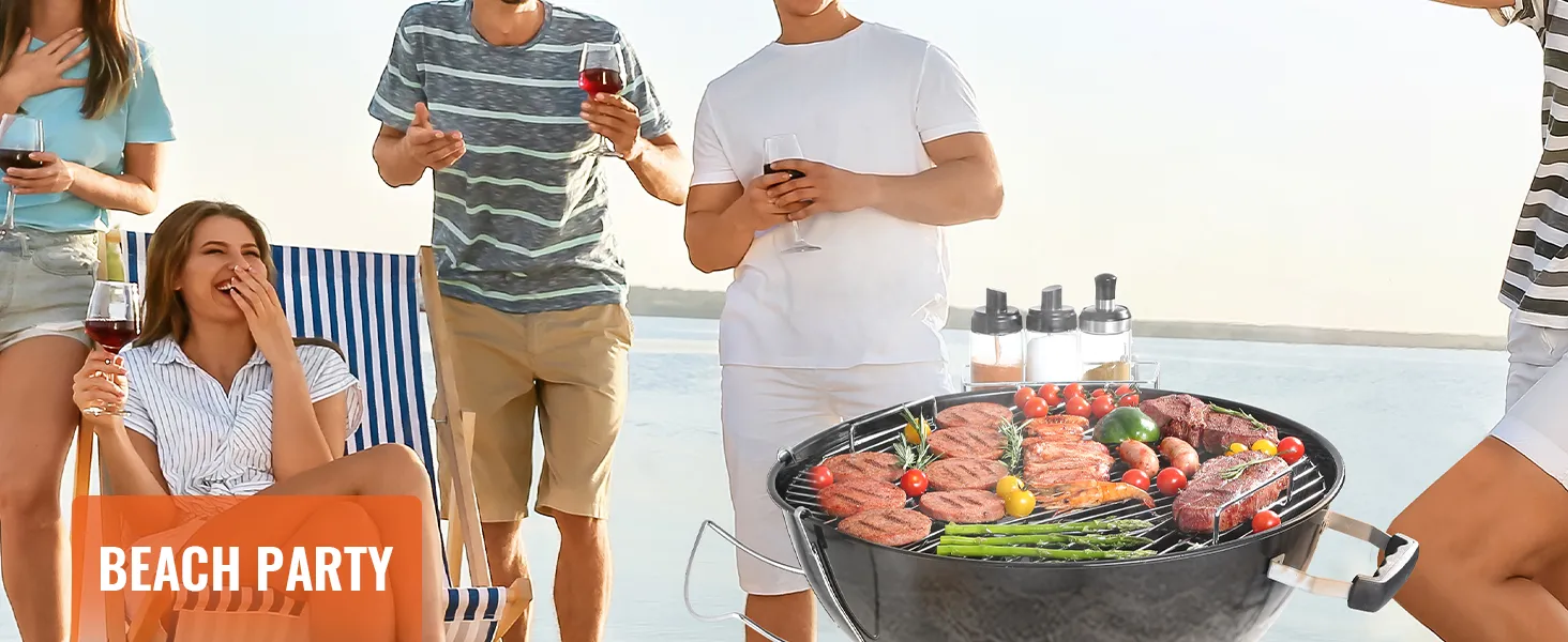 group enjoying a beach party, drinks in hand, with grilled food on a VEVOR cooking grate.