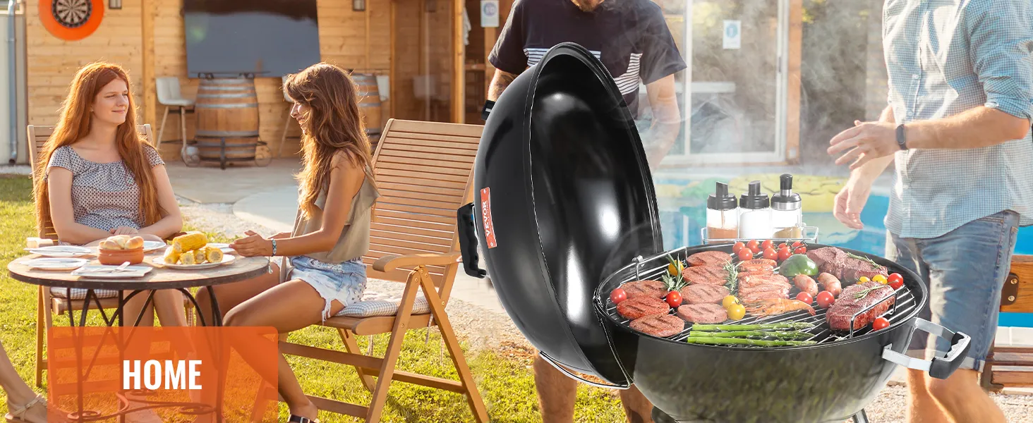 bbq gathering with friends, VEVOR cooking grate loaded with grilled vegetables and meats by the patio.
