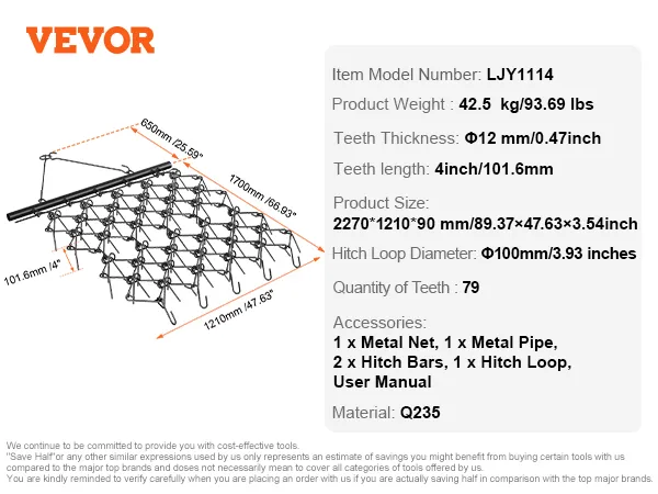 Grada de arrastre VEVOR con dientes de 12 mm, tamaño 2270 x 1210 mm, longitud de 4 pulgadas y 79 dientes.