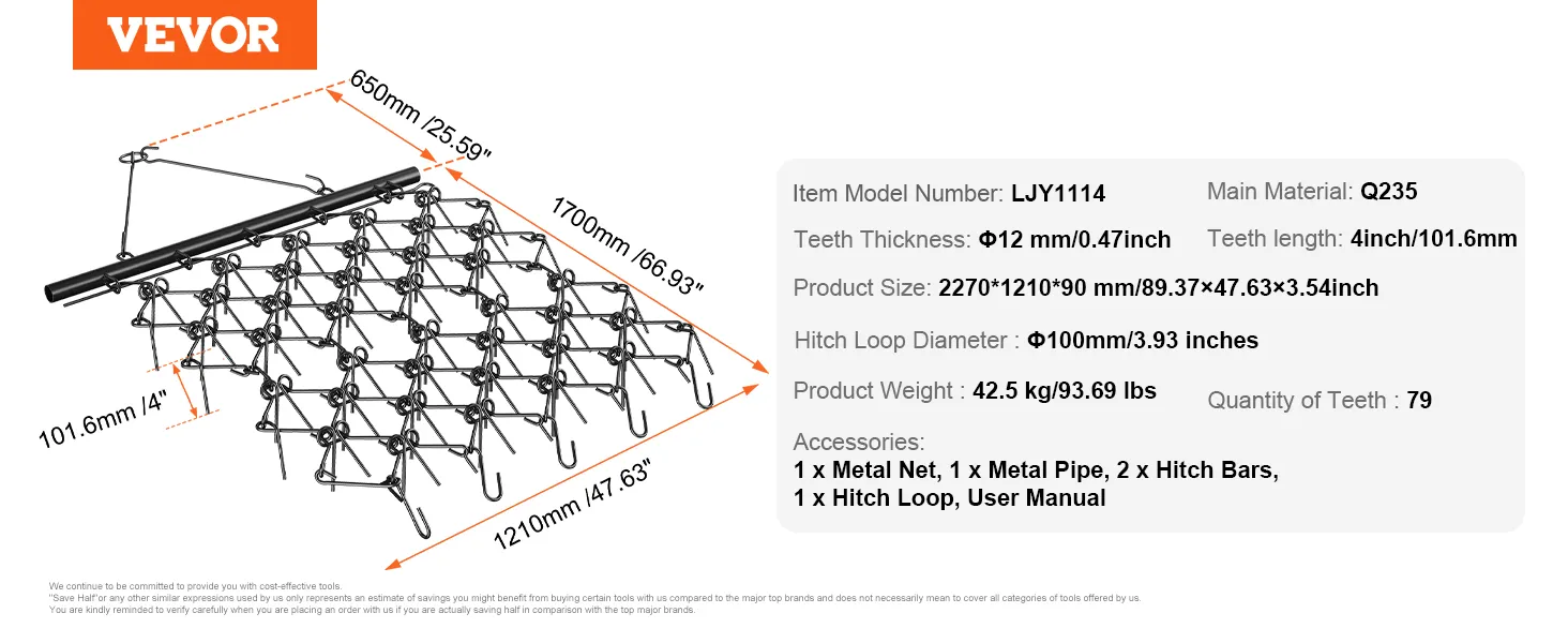 Grada de arrastre VEVOR con dientes de 12 mm, tamaño 2270 x 1210 mm, longitud de 4 pulgadas y 79 dientes.