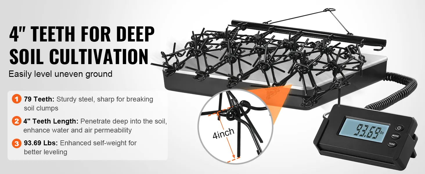 Grada de arrastre VEVOR de 4" con dientes para cultivo de suelos profundos, 79 dientes, longitud de dientes de 4", 93,69 libras para nivelación.