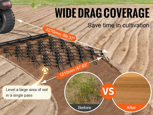 Grada de arrastre VEVOR acoplada a un vehículo todo terreno, nivelando el suelo con amplia cobertura de arrastre. Comparación antes y después.