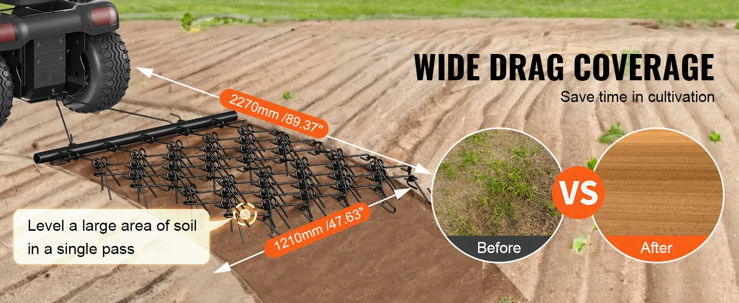 Grada de arrastre VEVOR acoplada a un vehículo todo terreno, nivelando el suelo con amplia cobertura de arrastre. Comparación antes y después.