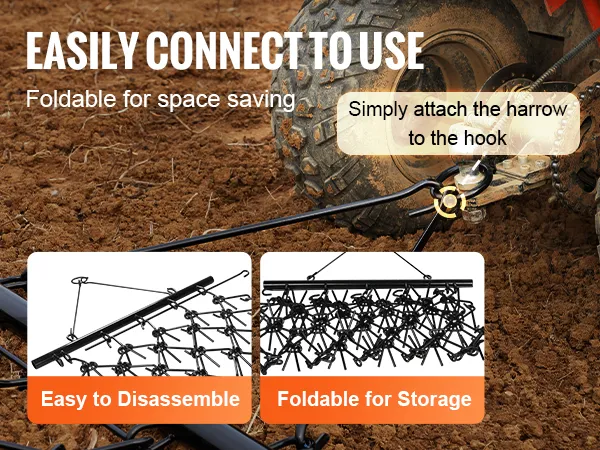 Grada de arrastre VEVOR unida a un vehículo en el suelo, mostrando un fácil desmontaje y almacenamiento plegable.