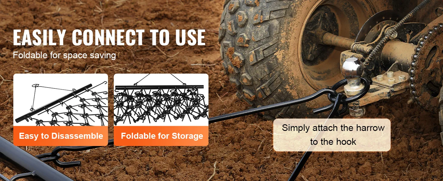 Grada de arrastre VEVOR unida a un vehículo en el suelo, mostrando un fácil desmontaje y almacenamiento plegable.