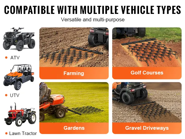 Grada de arrastre VEVOR compatible con vehículos todo terreno, vehículos utilitarios deportivos y tractores de césped para uso agrícola, campos de golf, jardines y entradas de vehículos.