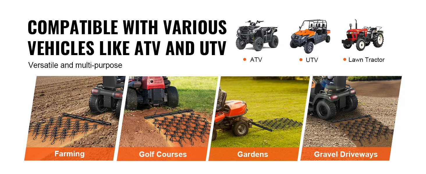 Grada de arrastre VEVOR compatible con vehículos todo terreno, vehículos utilitarios deportivos y tractores de césped para uso agrícola, campos de golf, jardines y entradas de vehículos.