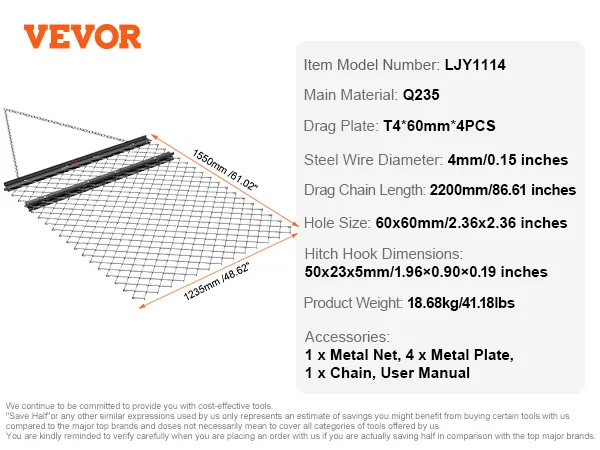 VEVOR drag harrow with dimensions 1235mm x 1550mm, 18.68 kg, q235 steel, and 4mm steel wire.
