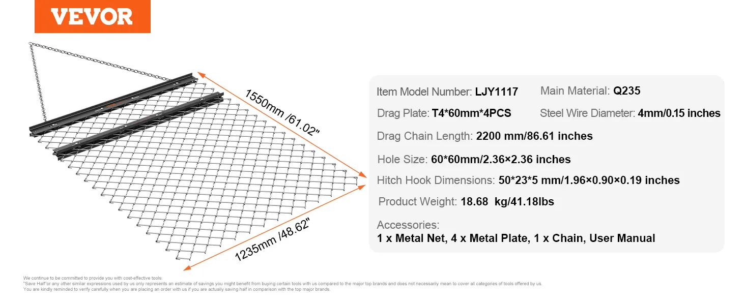 VEVOR drag harrow with dimensions 1235mm x 1550mm, 18.68 kg, q235 steel, and 4mm steel wire.