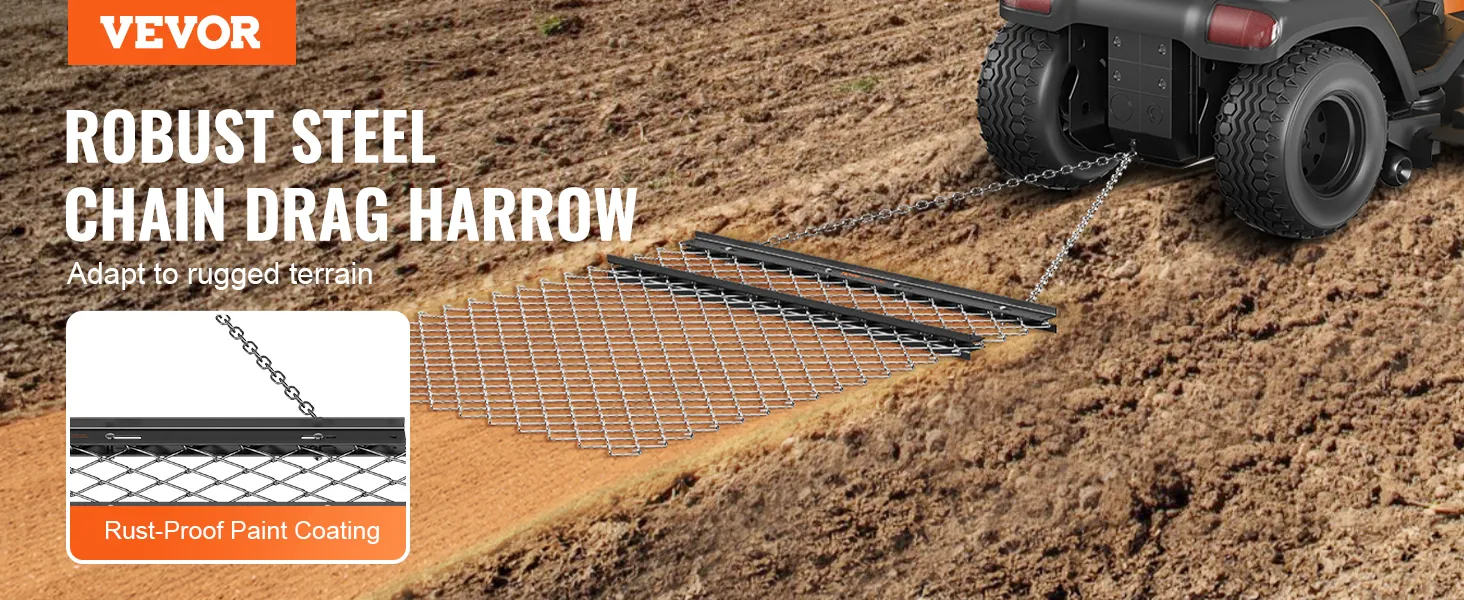 VEVOR drag harrow attached to a tractor on rugged terrain, showcasing rust-proof paint coating.
